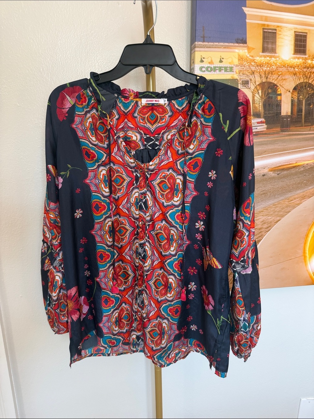 Johnny Was Black Multi Floral-Geometric Tie-Neck Peasant Blouse